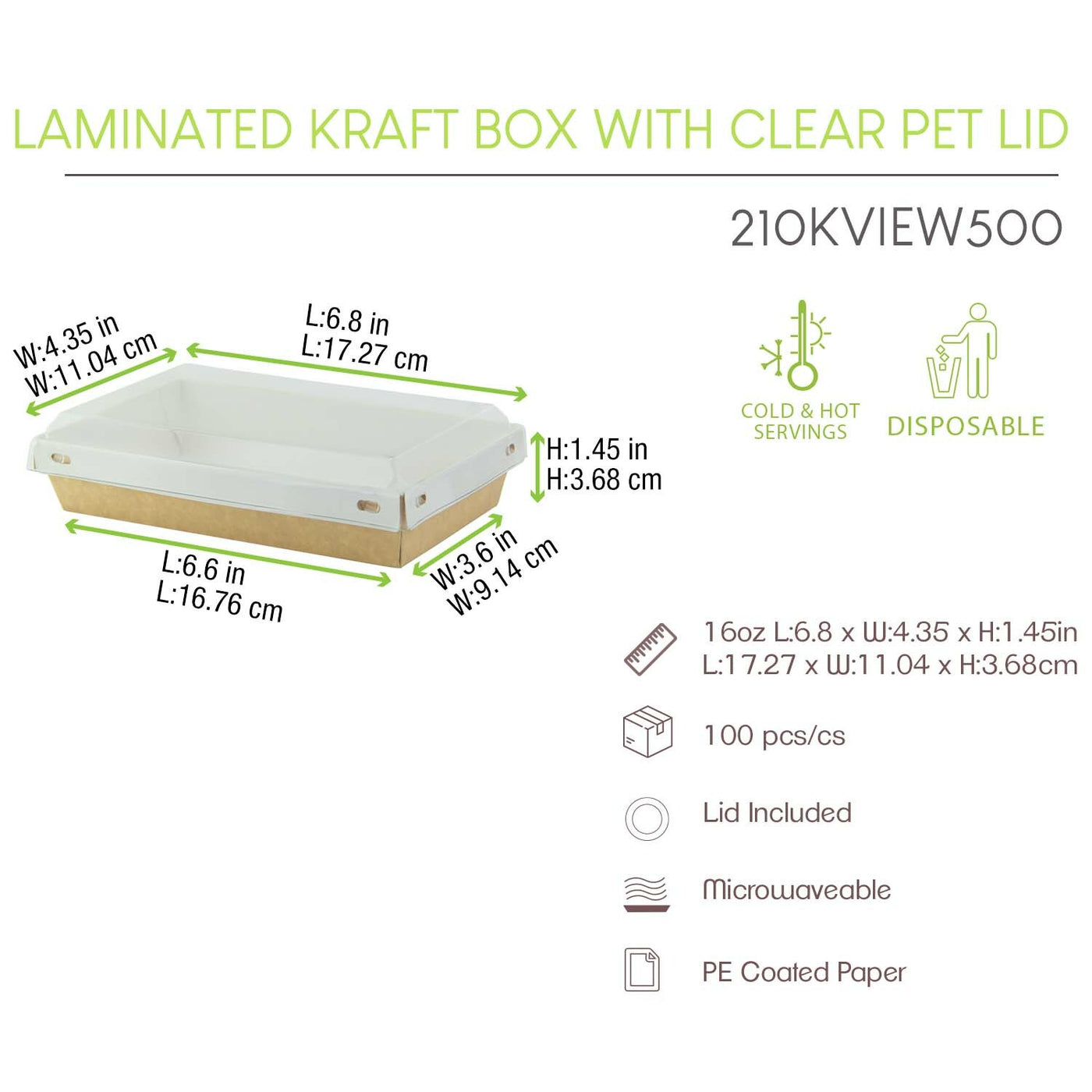 Laminated Kraft Box With Clear PET Lid - 16oz 6.7 X 4.3 X 1.4in 100 Pcs/Cs