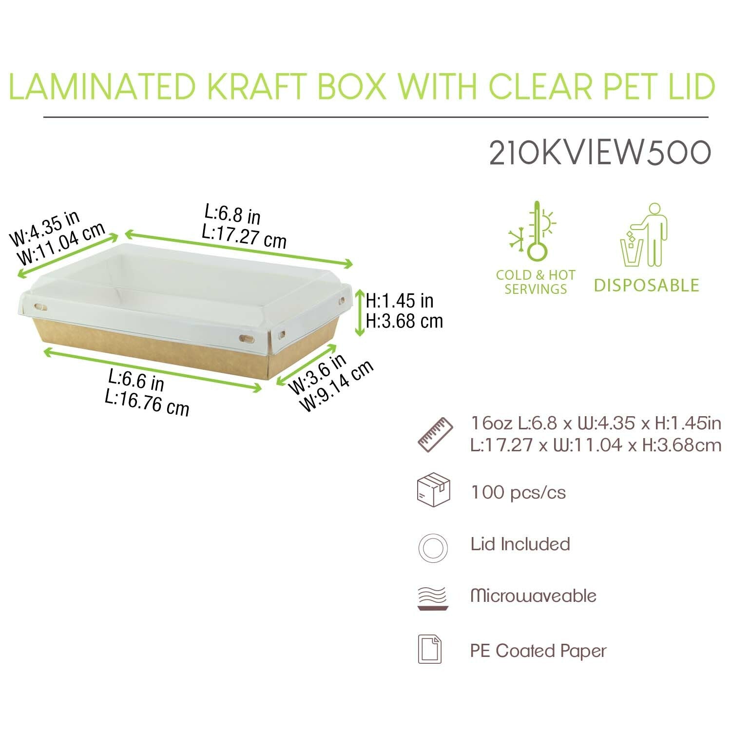 Laminated Kraft Box With Clear PET Lid - 16oz 6.7 X 4.3 X 1.4in 100 Pcs/Cs