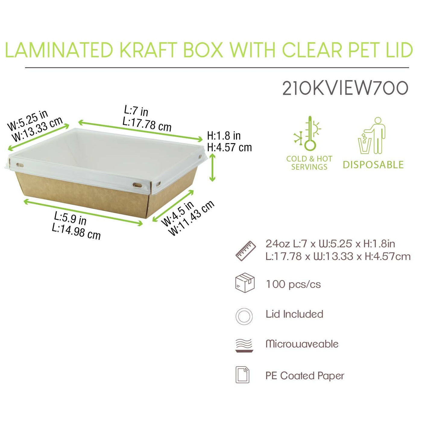 Laminated Kraft Box With Clear PET Lid - 24oz 6.7 X 5.1 X 1.8in 100 Pcs/Cs