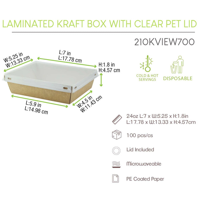 Laminated Kraft Box With Clear PET Lid - 24oz 6.7 X 5.1 X 1.8in 100 Pcs/Cs