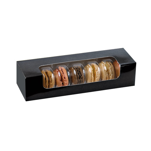 PACKNWOOD 210MAC7F - Black Macaron Box - Cookie Boxes with Window - Paper Dessert Containers - Biodegradable and Disposable Macaron Boxes - (8.5" x 2.7" x 1.9") (Case of 250)