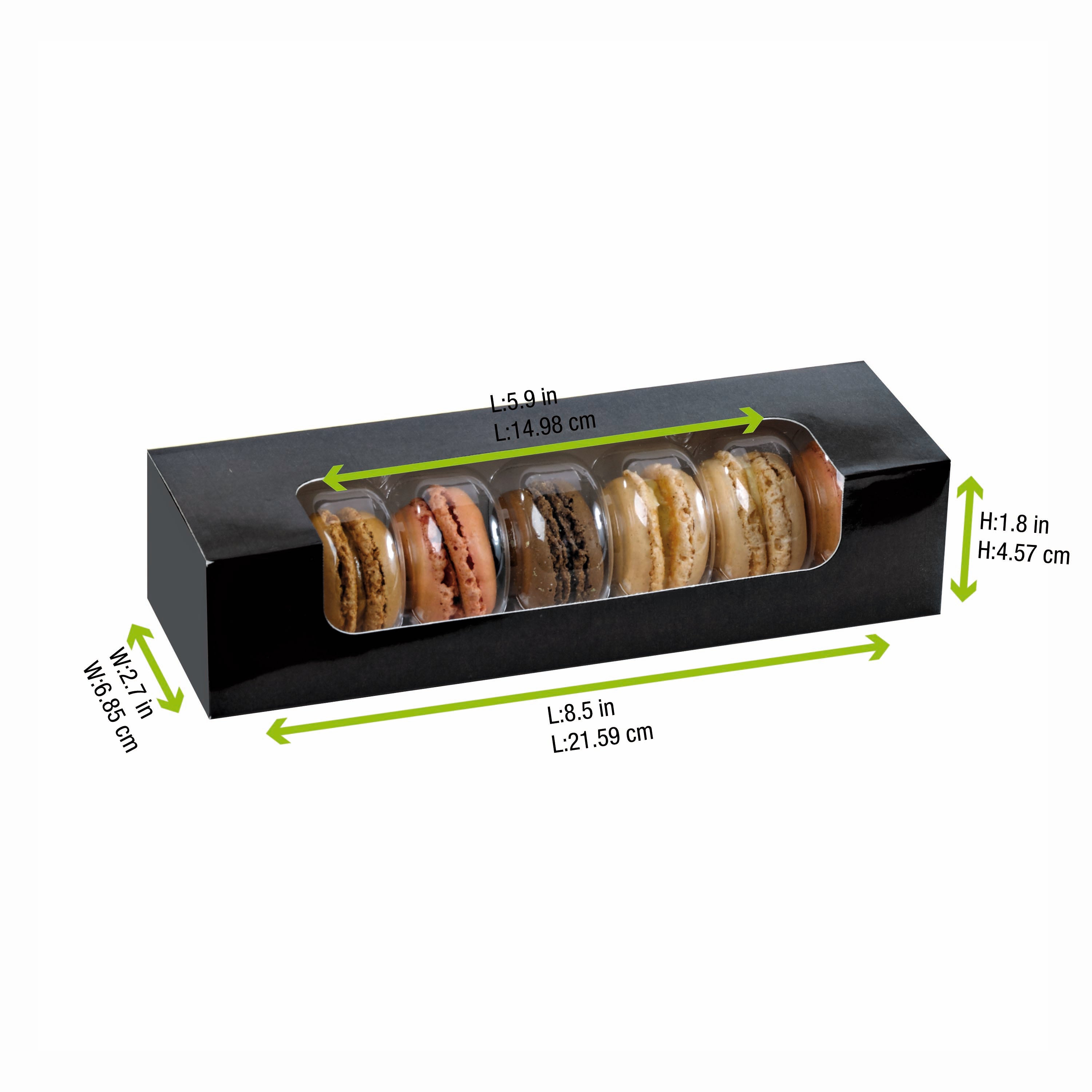 PACKNWOOD 210MAC7F - Black Macaron Box - Cookie Boxes with Window - Paper Dessert Containers - Biodegradable and Disposable Macaron Boxes - (8.5" x 2.7" x 1.9") (Case of 250)