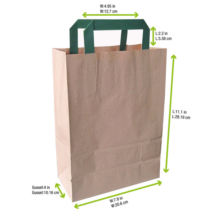 Kraft/Brown Recycled Paper Carrier Bag With Green Handles - W:7.9 X Gusset:4 X H:11in 250 Pcs/Cs