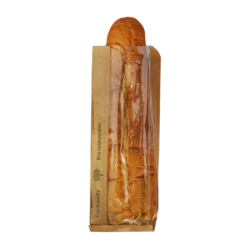 Paper Kraft Bread Bag With PLA window - L: 15.7 in - W: 7.9 in - H: 2.4 in (500 Per Case)