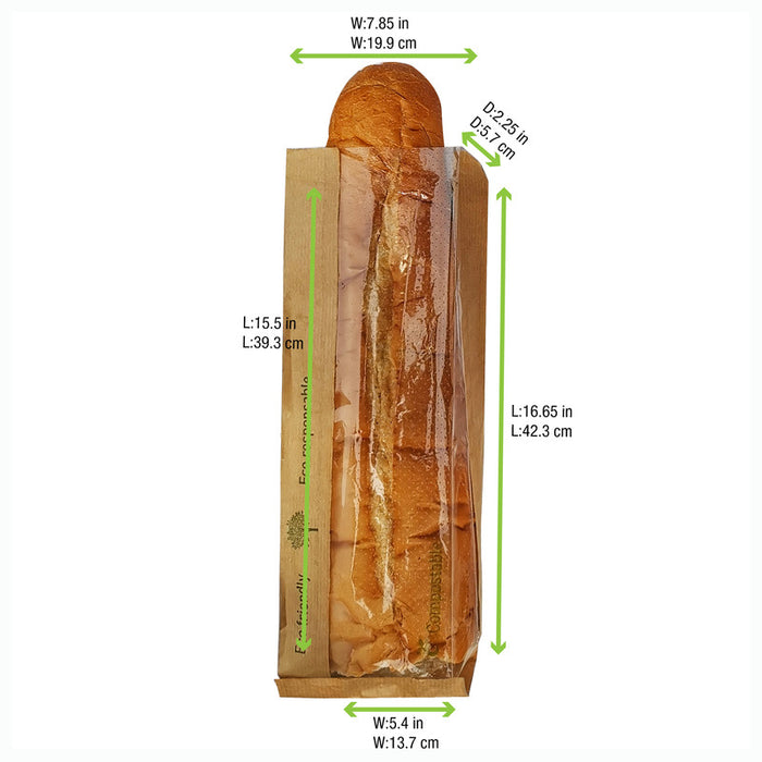 Paper Kraft Bread Bag With PLA window - L: 15.7 in - W: 7.9 in - H: 2.4 in (500 Per Case)