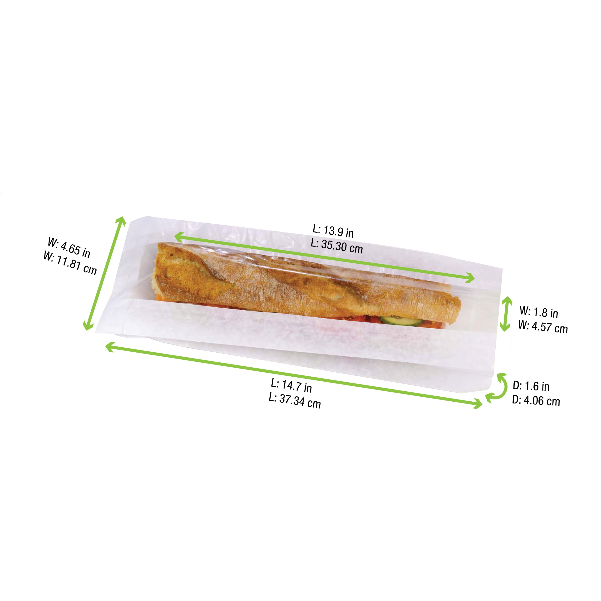 White Paper Sandwich Bag with Window (Case of 1000), PacknWood - Recyclable Sandwich Envelopes (14.7" x 4.65" x 1.6") 210SAND35F