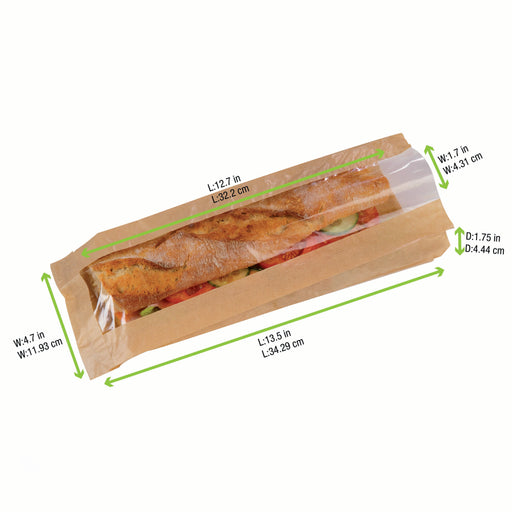 PacknWood - 210SANDB34F Kraft Paper Sandwich Bag with Window, 13.5" x 4.7" x 1.75" (Case of 1000)