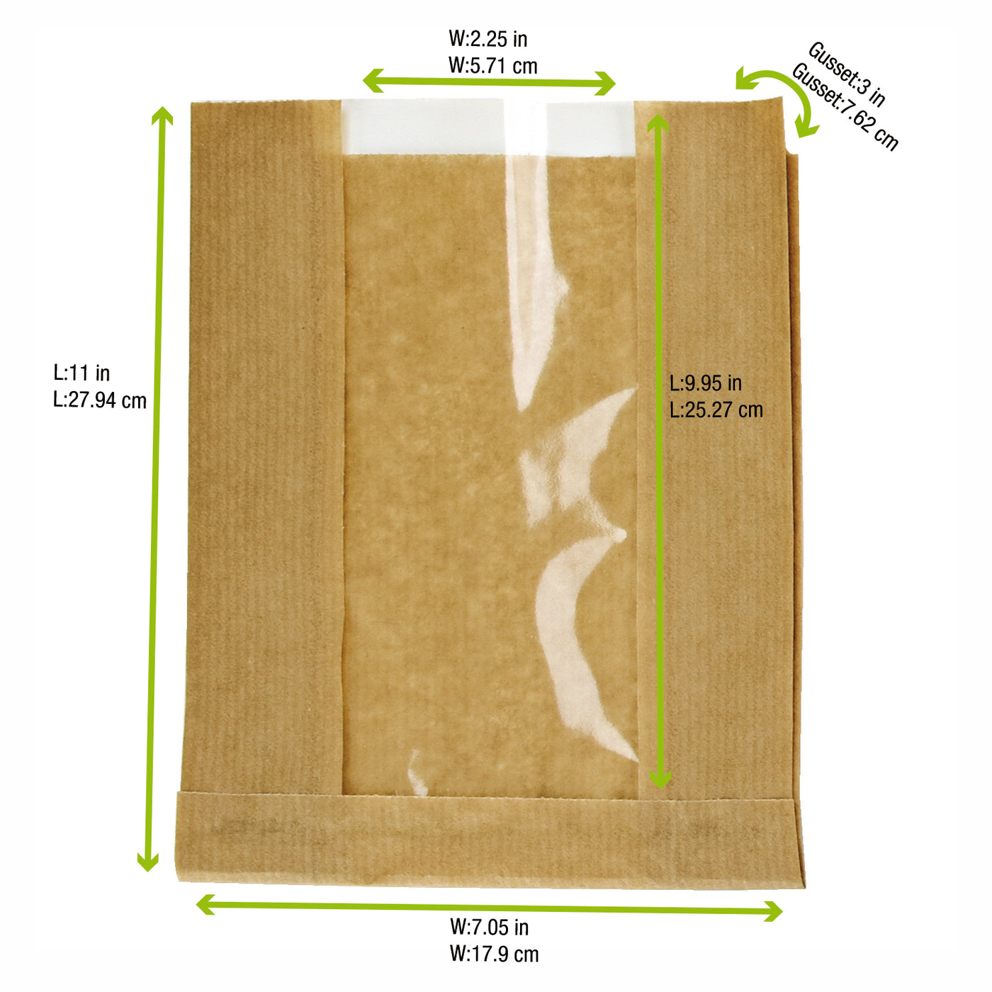 PacknWood 210SVIS2818 Brown Kraft Bag with Window - 11 x 7.05 x 2.8" - 1000 per case