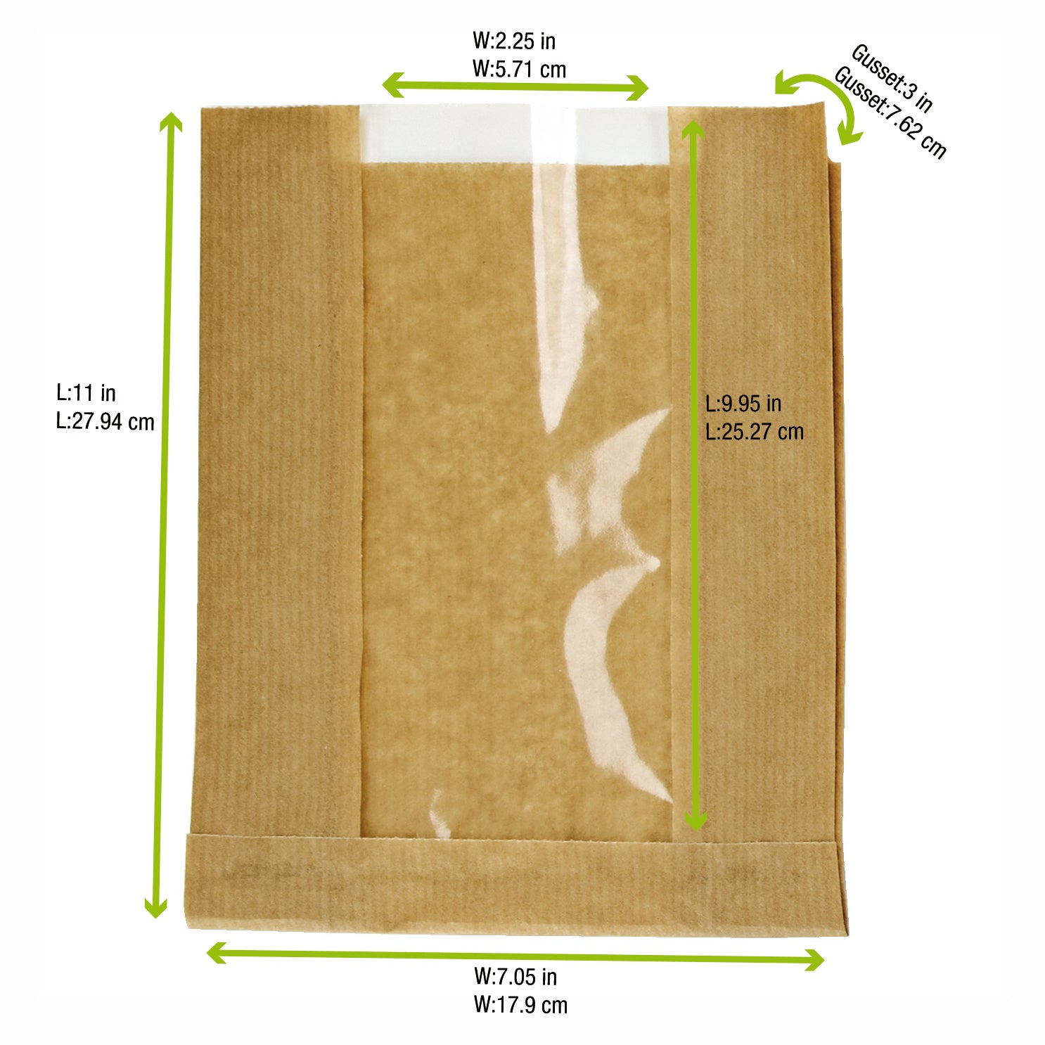 PacknWood 210SVIS2818 Brown Kraft Bag with Window - 11 x 7.05 x 2.8" - 1000 per case