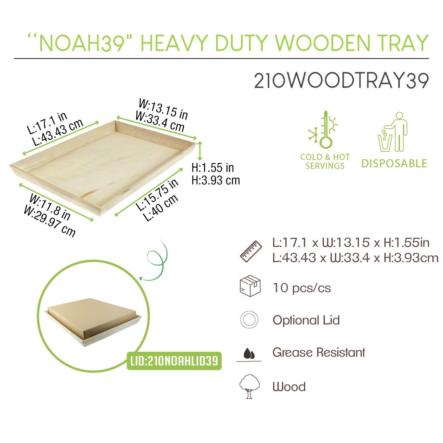 Noah39 Heavy Duty Wooden Tray (Case of 10), PacknWood - Biodegradable Serving Wood Table Trays (17" x 13" x 1.5") 210WOODTRAY39