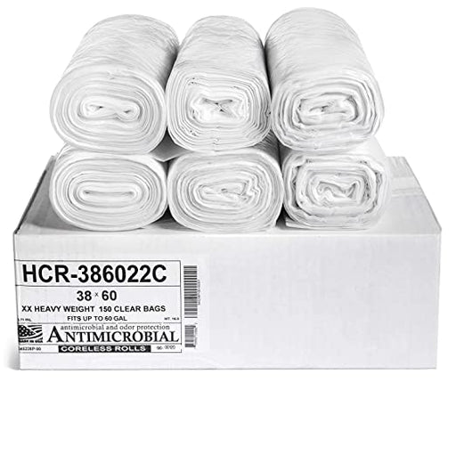 Aluf Plastics 55-60 Gallon Clear Trash Bags (150 Count) - 38' x 60' - 22 Microns Thick High Density Value Garbage Bags for Bathroom, Office, Industrial, Commercial, Janitorial, Municipal, Recycling (HCR-386022C)