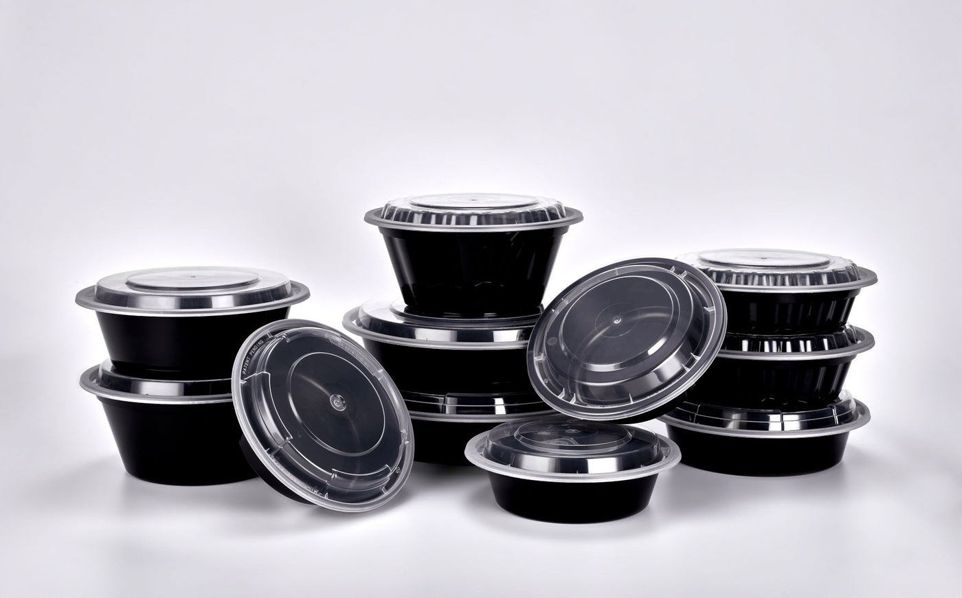 Sunrise Brands SR-729B-L - 7in Round 32oz. Microwaveable Round Container and Lid Combo, Black Base/Clear Lid, 150 ct.