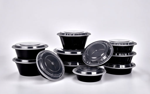 Sunrise Brands SR-9048B - 9" 48 oz. Microwaveable Round Container and Lid Combo, Black Base/Clear Lid, 150 ct.