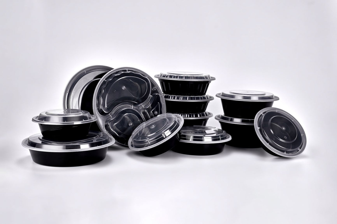 Sunrise Brands SR-9388B - 9" Round 38oz 3 Comp. Container and Lid Combo, Black Base/Clear Lid, 150 ct.