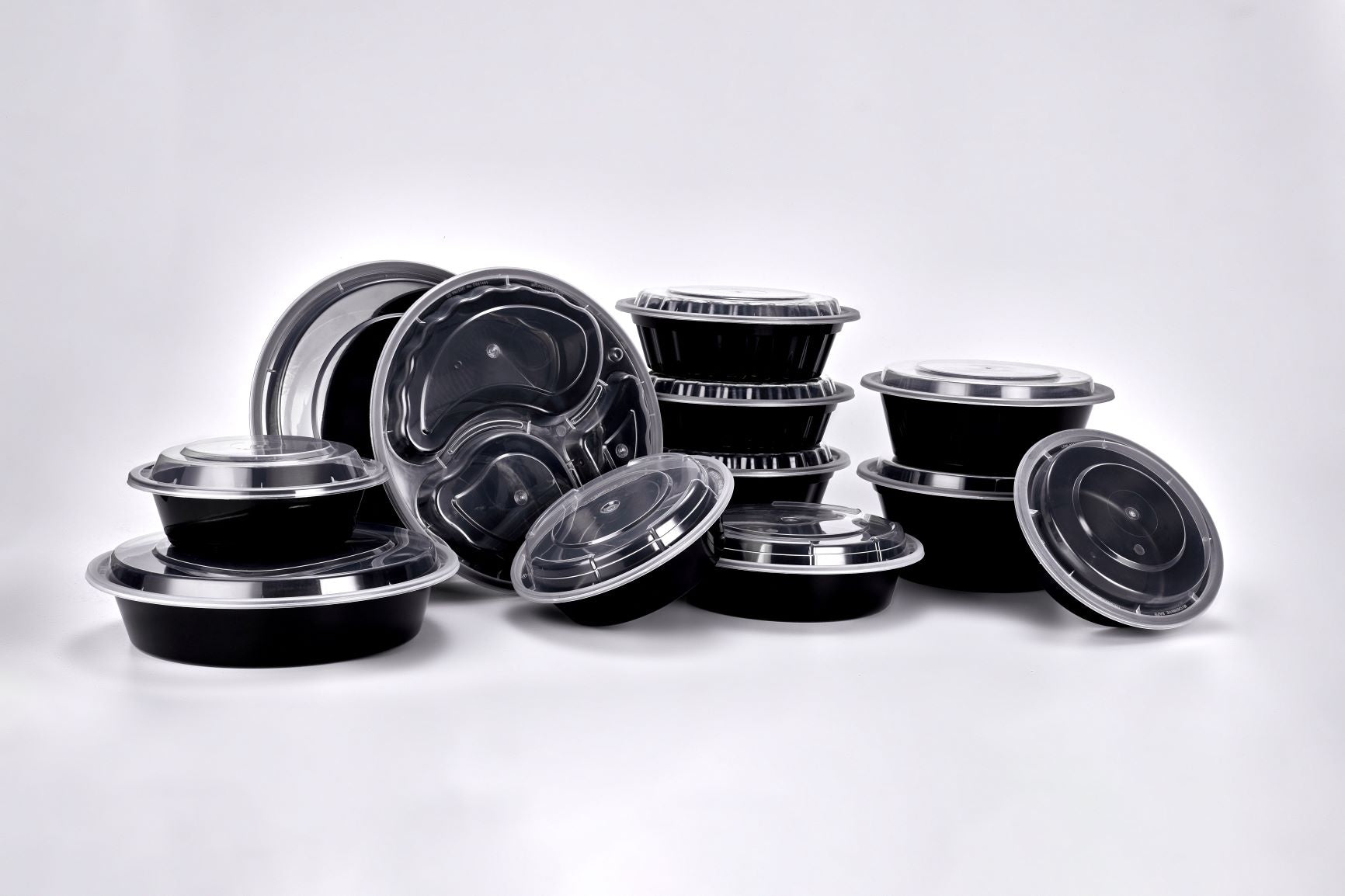 Sunrise Brands FT-398B - Ripple 9" Round 32oz 3 Comp. Container and Lid Combo, Black Base/Clear Lid, 150 ct.