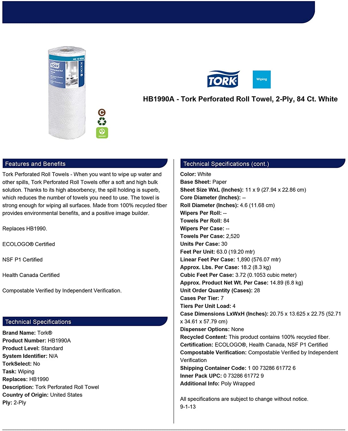 Tork HB1990A Perforated Paper Roll Towel, 2-Ply, 11" Width x 9" Length, White (Case of 30 Rolls, 84 per Roll, 2,520 Towels) - Paper Supplies Plus