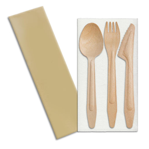 Natural Birch Wood Eco-Friendly Disposable Napkin Cutlery Set - Spoons, Forks, Knives, and Napkins