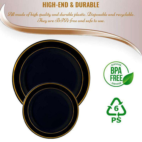Black with Gold Edge Rim Plastic Dinnerware Value Set of 10.25" Dinner Plates & 7.5" Salad Plates