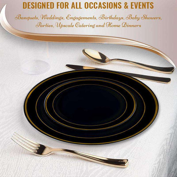 Black with Gold Edge Rim Plastic Dinnerware Value Set of 10.25" Dinner Plates & 7.5" Salad Plates