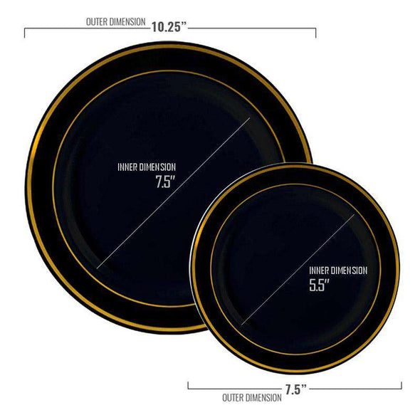 Black with Gold Edge Rim Plastic Dinnerware Value Set of 10.25" Dinner Plates & 7.5" Salad Plates