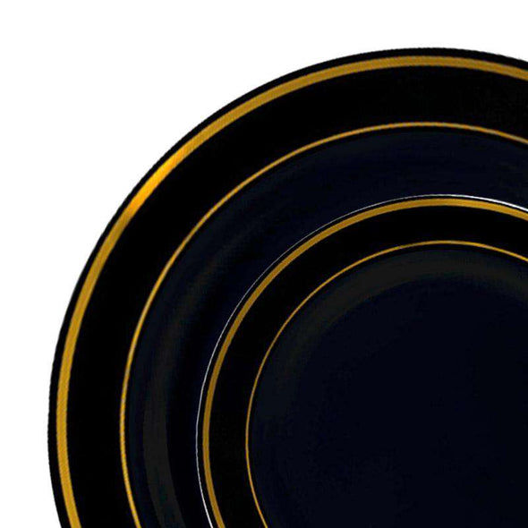 Black with Gold Edge Rim Plastic Dinnerware Value Set of 10.25" Dinner Plates & 7.5" Salad Plates