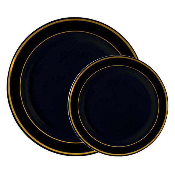 Black with Gold Edge Rim Plastic Dinnerware Value Set of 10.25" Dinner Plates & 7.5" Salad Plates