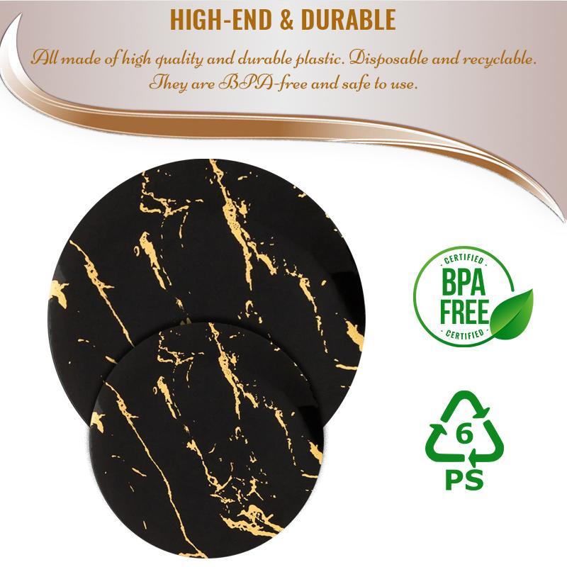 10.25" Black with Gold Stroke Round Plastic Disposable Dinner Plates