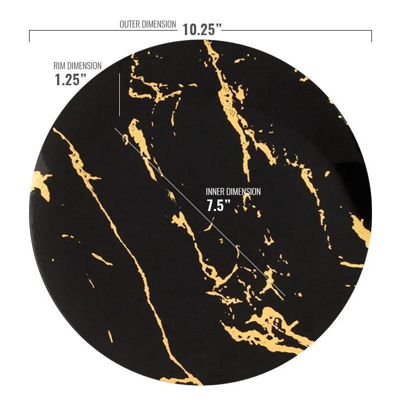 10.25" Black with Gold Stroke Round Plastic Disposable Dinner Plates