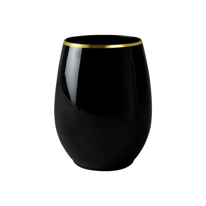 12 oz. Black with Gold Stemless Plastic Wine Glasses (64 Per Case)