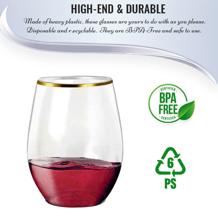 16 oz. Clear with Gold Stemless Disposable Plastic Wine Glasses (64 Per Case)