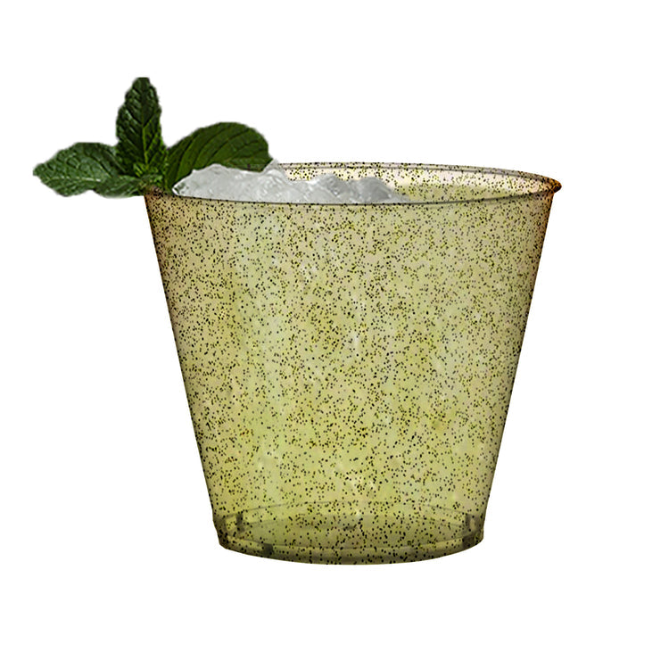 9 oz. Clear with Gold Glitter Round Plastic Party Cups (240 Cups Per Case)