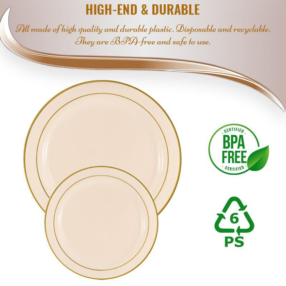 Ivory with Gold Edge Rim Plastic Dinnerware Value Set of 10.25" Dinner Plates & 7.5" Salad Plates