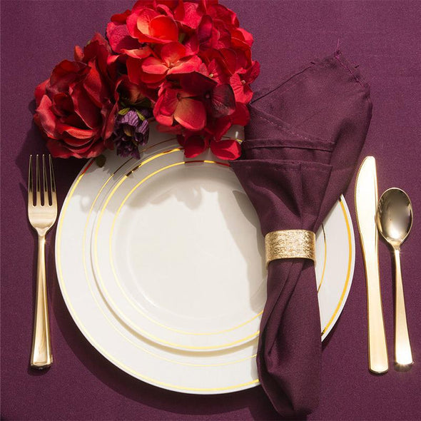Ivory with Gold Edge Rim Plastic Dinnerware Value Set of 10.25" Dinner Plates & 7.5" Salad Plates