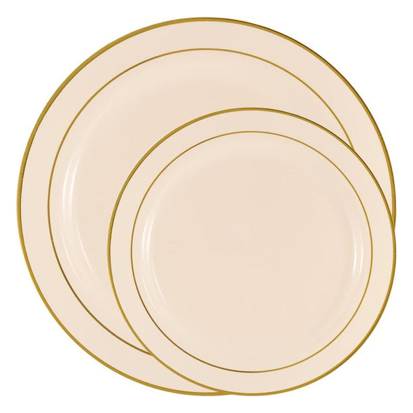 Ivory with Gold Edge Rim Plastic Dinnerware Value Set of 10.25" Dinner Plates & 7.5" Salad Plates