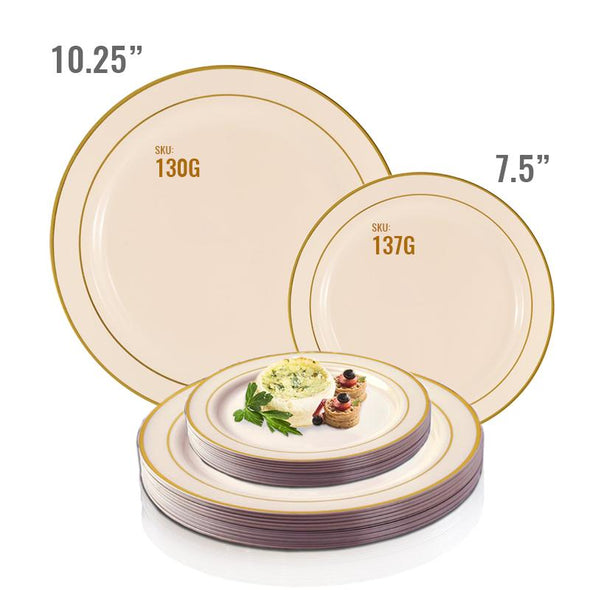 Ivory with Gold Edge Rim Plastic Dinnerware Value Set of 10.25" Dinner Plates & 7.5" Salad Plates