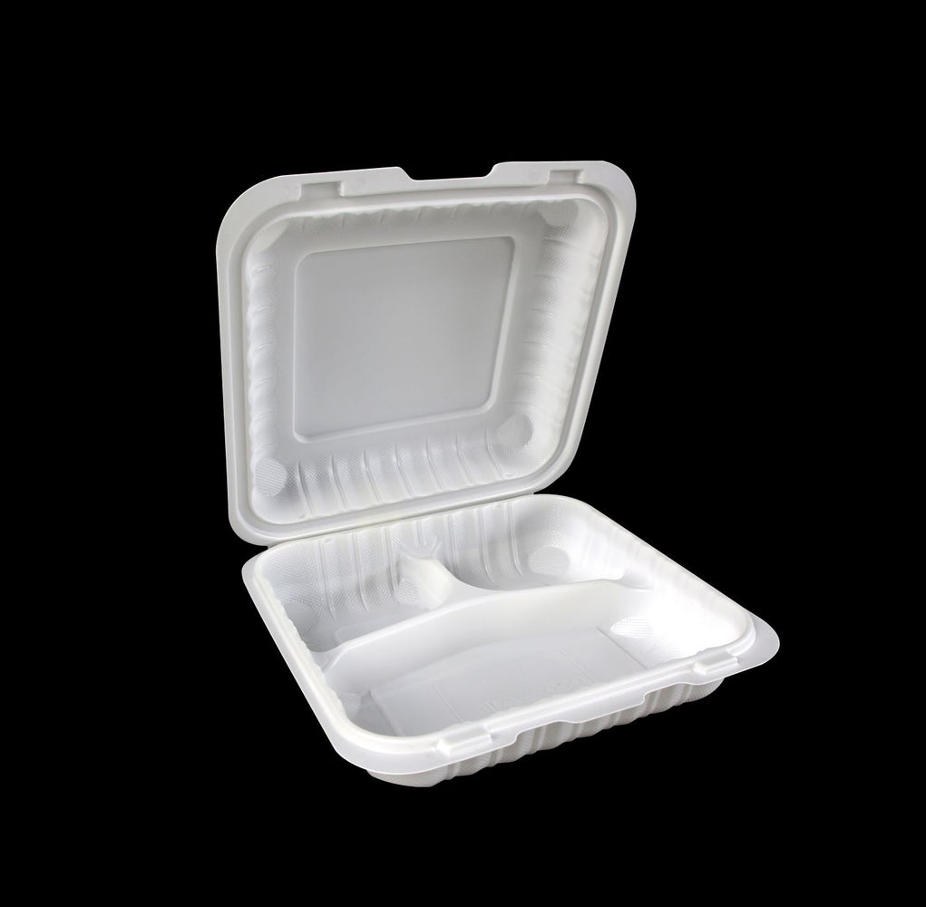 3-Compartment Microwaveable White Hinged Take-Out Container - 8 x 8
