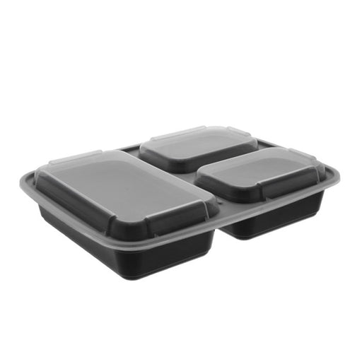Pactiv NC333B 32 oz. Microwaveable Rectangle 3- Compartment Takeout Container and Lid Combo, Black Base/Clear Lid, 150 ct. - Paper Supplies Plus