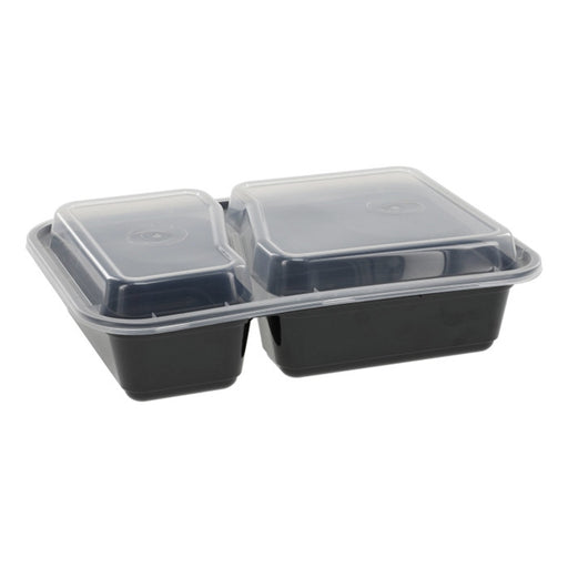 Pactiv NC8288B 30 oz. Microwaveable Rectangle 2- Compartment Takeout Container and Lid Combo, Black Base/Clear Lid, 150 ct. - Paper Supplies Plus