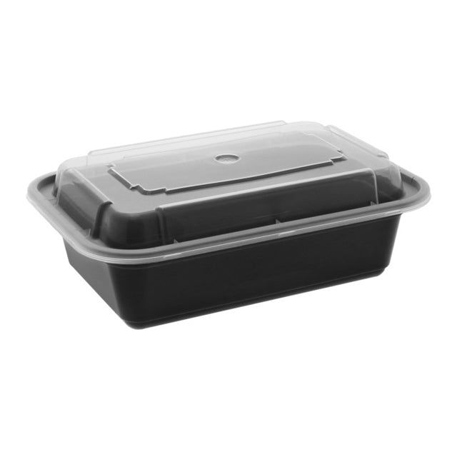 Pactiv NC838B 24 oz. Microwaveable Rectangle Takeout Container and Lid Combo, Black Base/Clear Lid, 150 ct. - Paper Supplies Plus