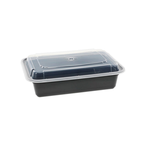 Pactiv NC888B 38 oz. Microwaveable Rectangle Takeout Container and Lid Combo, Black Base/Clear Lid, 150 ct. - Paper Supplies Plus