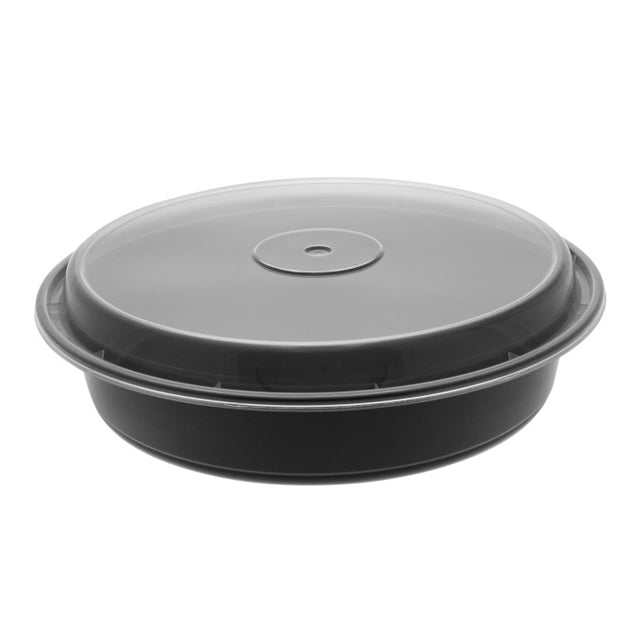Pactiv NC948B 48 oz. Microwaveable Round Takeout Container and Lid Combo, Black Base/Clear Lid, 150 ct. - Paper Supplies Plus