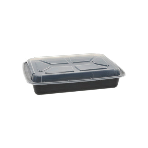 Sunrise Brands SR-989B 58 oz. Microwaveable Rectangle Takeout Container and  Lid Combo, Black Base/Clear Lid, 150 ct.