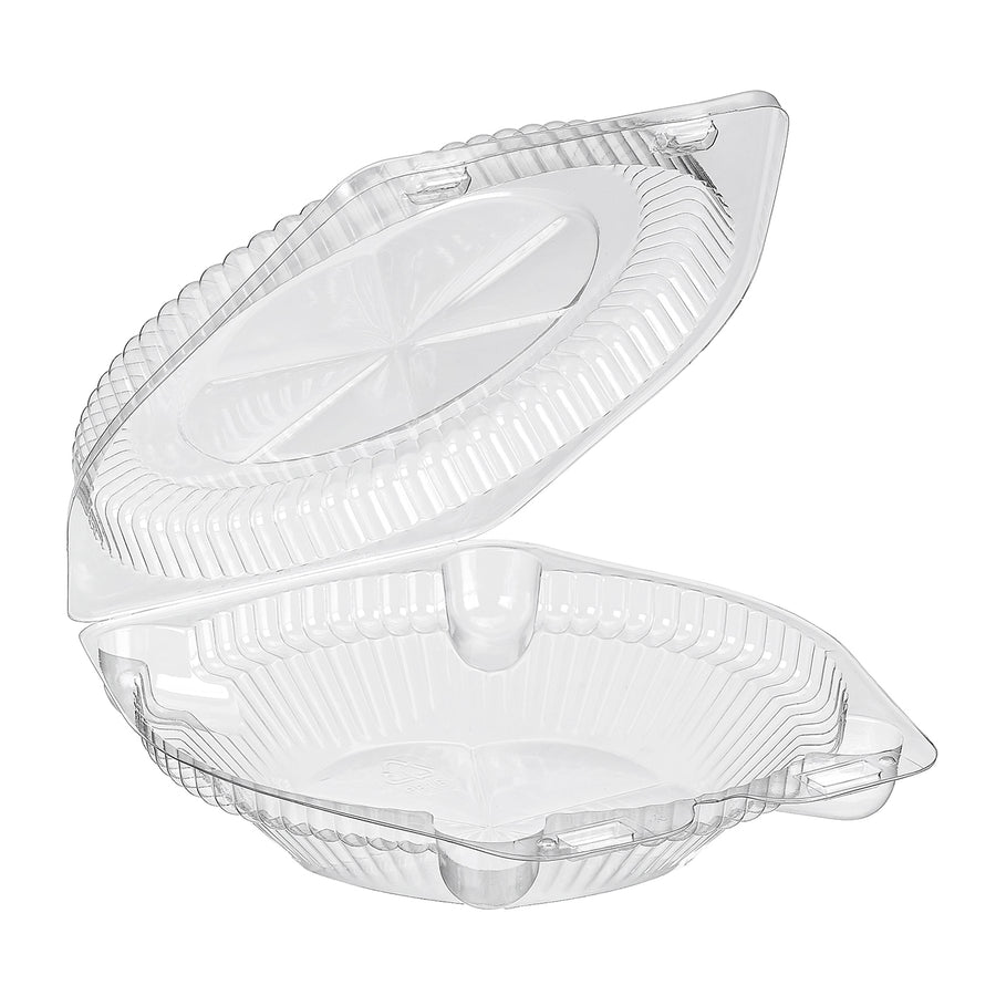 SLP106 clear hinged 6-inch pie container, 32oz round clamshell with barlock, 300 per case