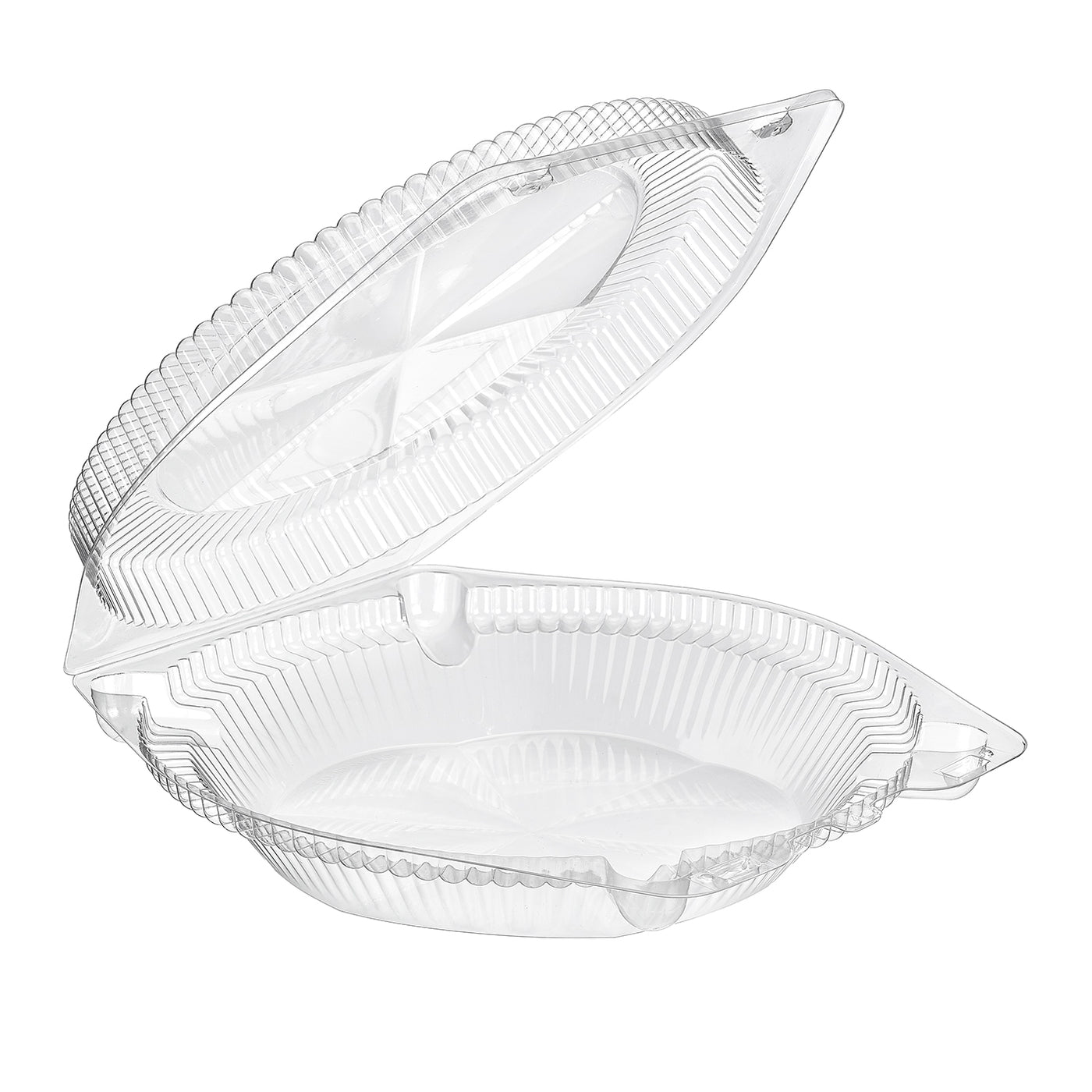 SLP110 clear hinged 10-inch pie container, 105oz round clamshell with barlock, 200 per case