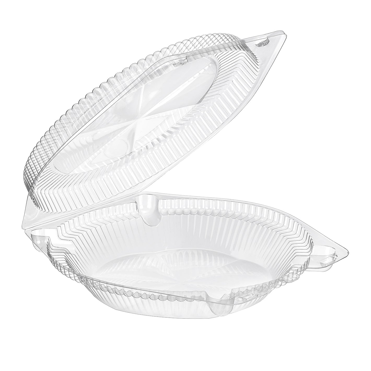 SLP110 clear hinged 10-inch pie container, 105oz round clamshell with barlock, 200 per case