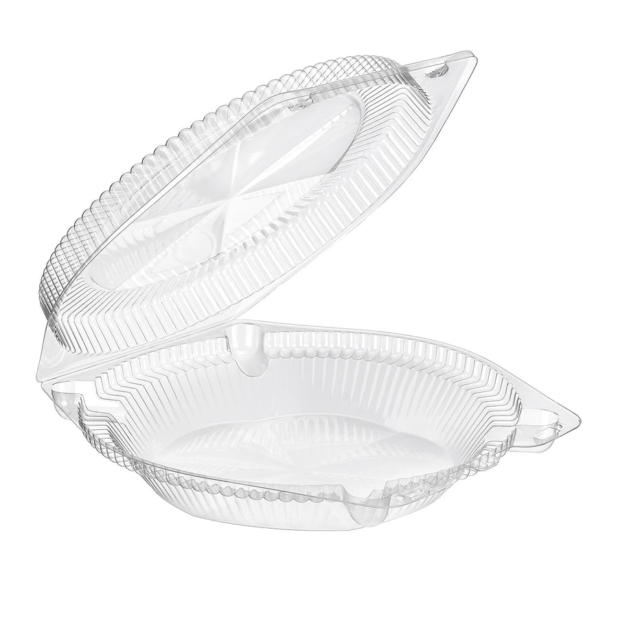 SLP110 clear hinged 10-inch pie container, 105oz round clamshell with barlock, 200 per case