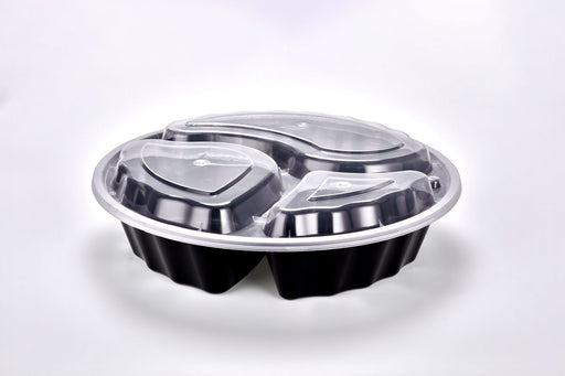Sunrise Brands FT-398B - Ripple 9" Round 32oz 3 Comp. Container and Lid Combo, Black Base/Clear Lid, 150 ct.