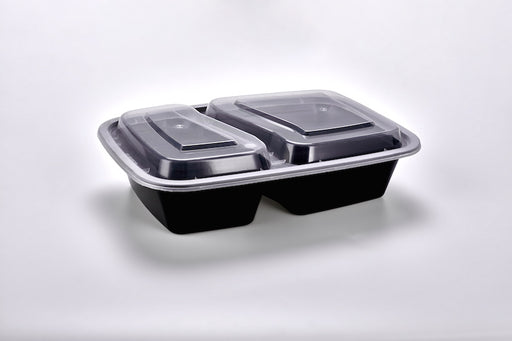 Sunrise Brands SR-8288B 30 oz. Microwaveable Rectangle 2- Compartment Takeout Container and Lid Combo, Black Base/Clear Lid, 150 ct.