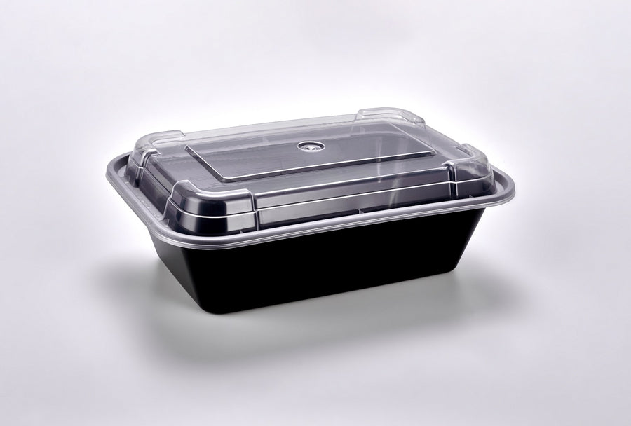 Sunrise Brands SR-838B - 24 oz. Microwaveable Rectangular Container and Lid Combo, Black Base/Clear Lid, 150 ct.