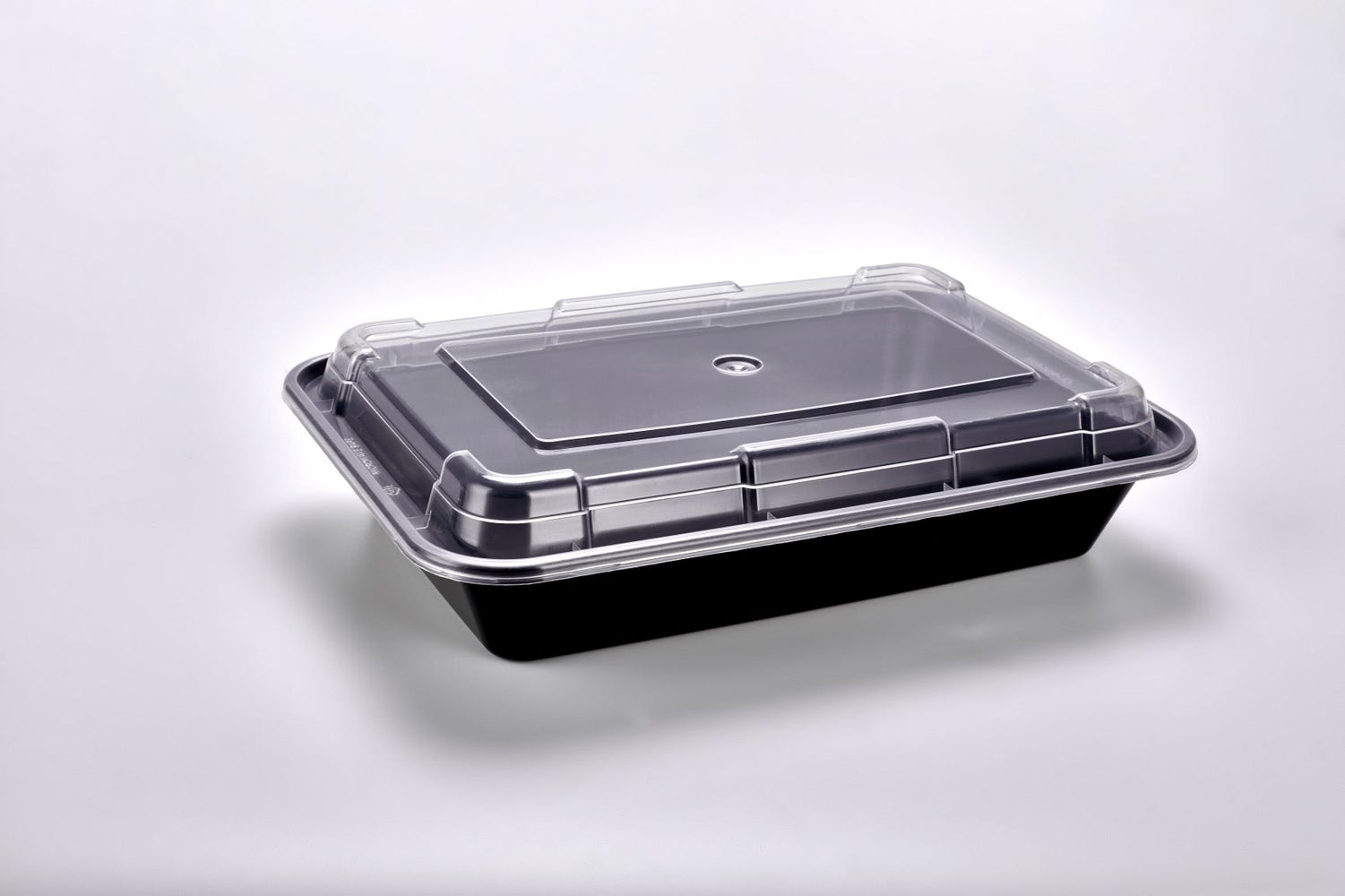 Sunrise Brands SR-868B - 28 oz. Microwaveable Rectangular Container and Lid Combo, Black Base/Clear Lid, 150 ct.